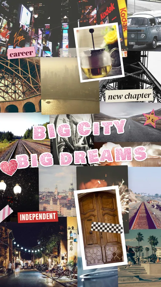 サンプル写真を使ってMiraでつくったコラージュスタイルのビジョンボード「Big city, big dreams」