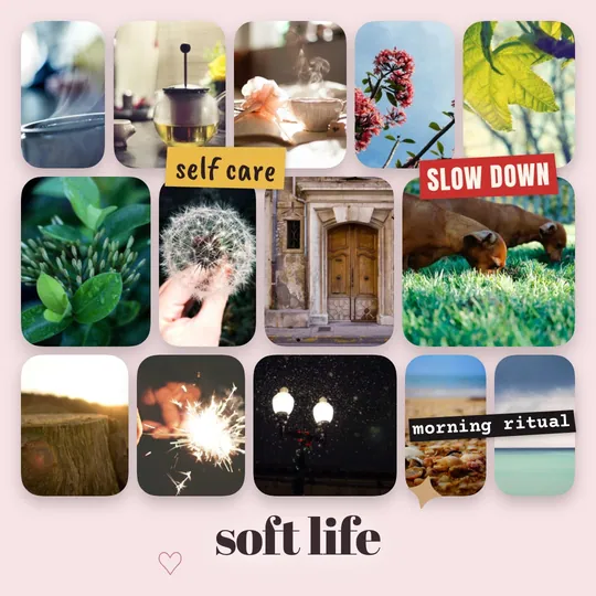 サンプル写真を使ってMiraでつくったグリッドスタイルのビジョンボード「Soft life」