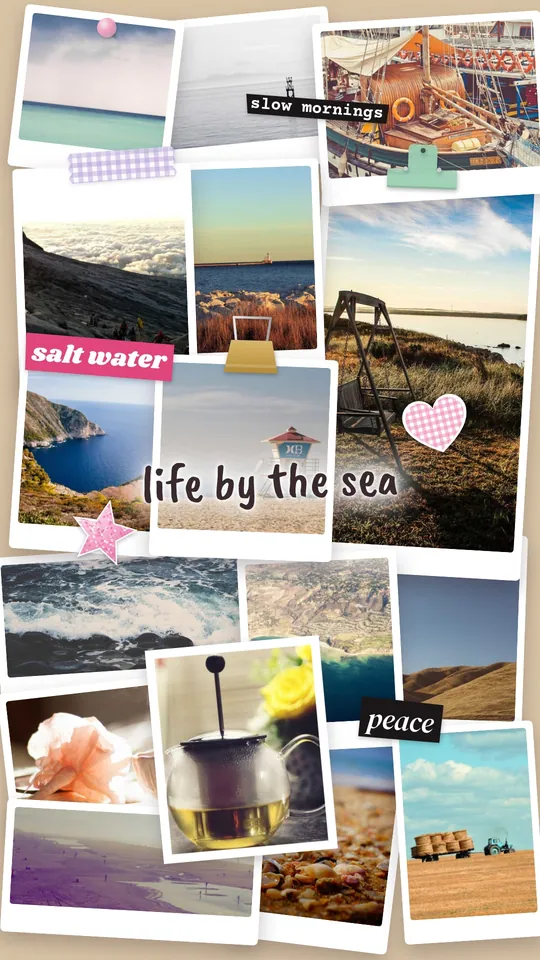 サンプル写真を使ってMiraでつくったポラロイドウォールスタイルのビジョンボード「Life by the sea」