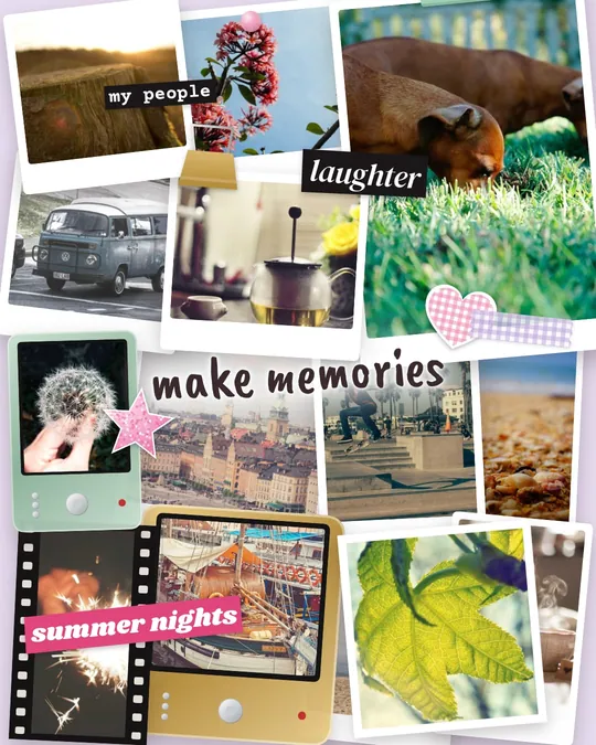 サンプル写真を使ってMiraでつくったポラロイドウォールスタイルのビジョンボード「Make memories」