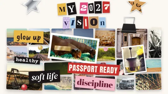 サンプル写真を使ってMiraでつくったポスターボードスタイルのビジョンボード「My 2027 vision」