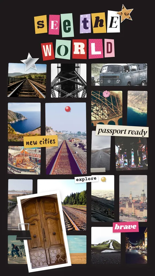 サンプル写真を使ってMiraでつくったポスターボードスタイルのビジョンボード「See the world」