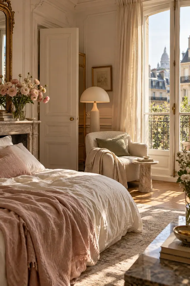 A sunlit bedroom with soft pink linen, fresh peonies and tall windows over Parisian rooftops